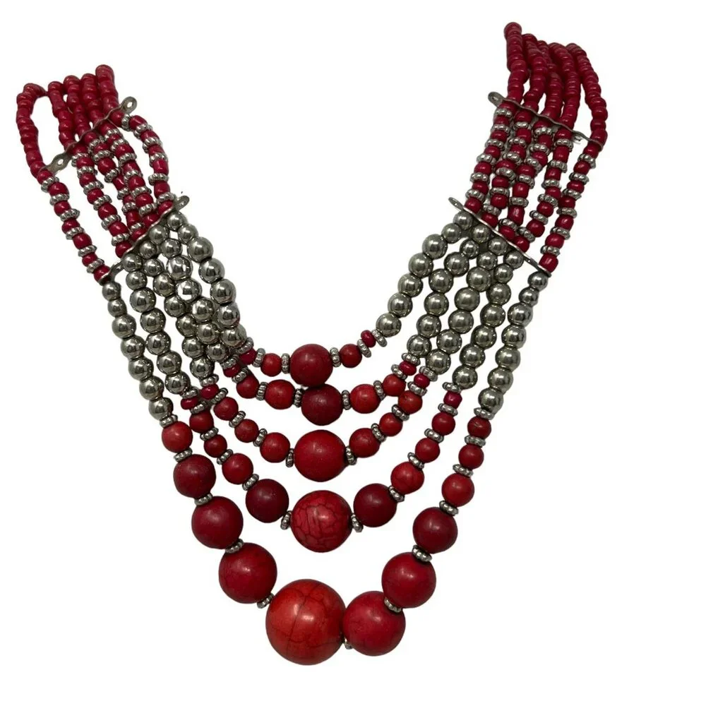 Cleopatra Choker Red‎ Silver Tone Beaded Statement Necklace